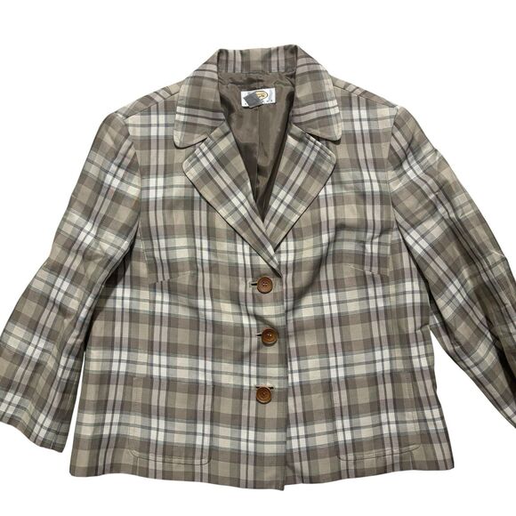 Talbots Blazer Sz 12P Tan Plaid Ramie Linen Blend Jacket Wood Buttons 3/4 Sleeve - Picture 1 of 7